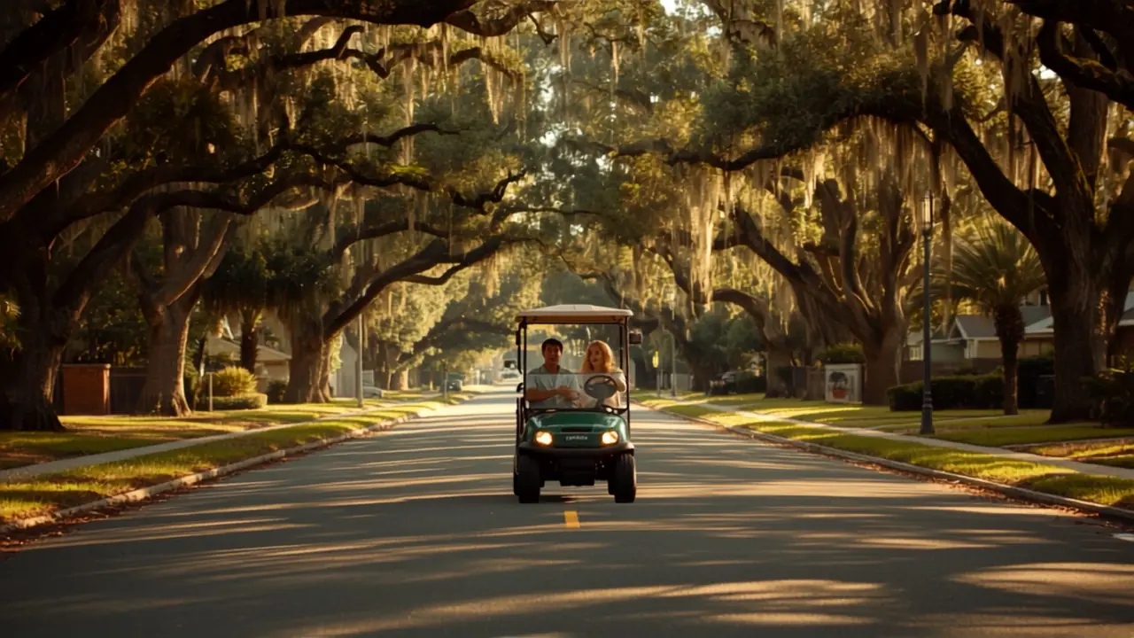 Golf cart on a tree-lined neighborhood street