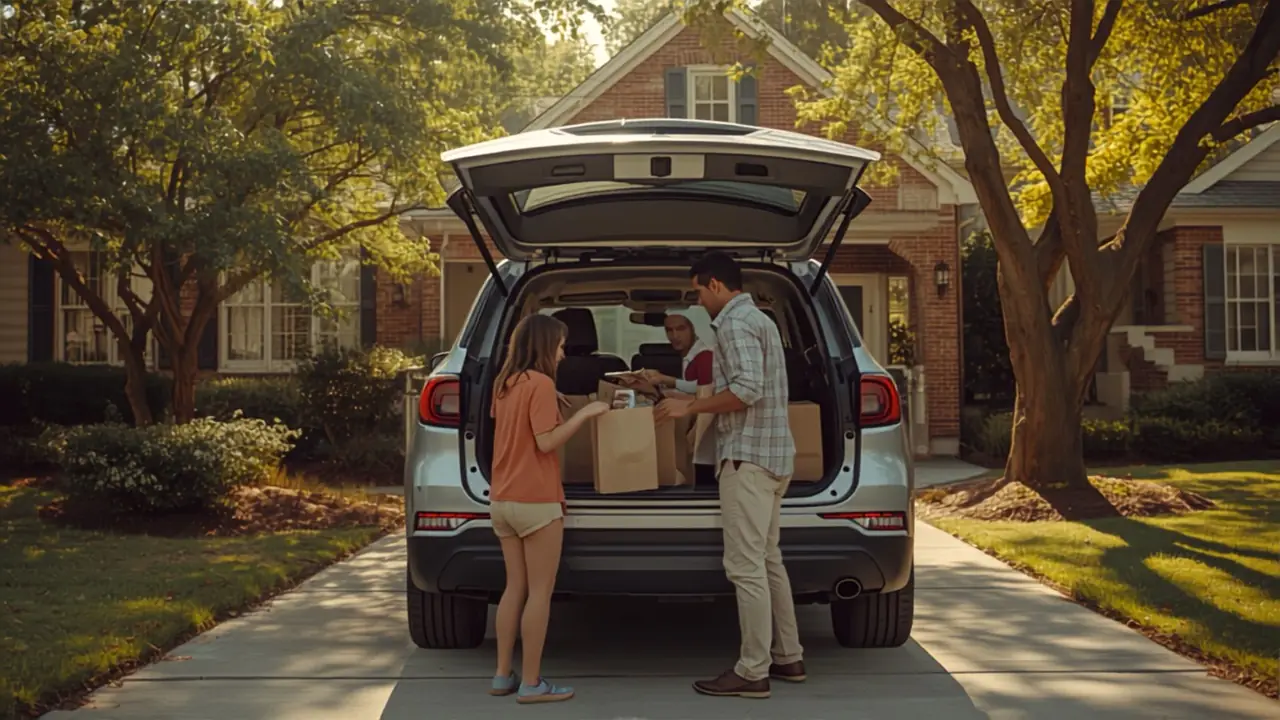 Family loading an SUV in their driveway