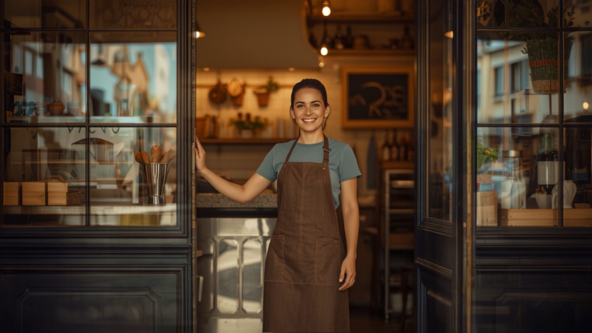 Small business owner at her shop door