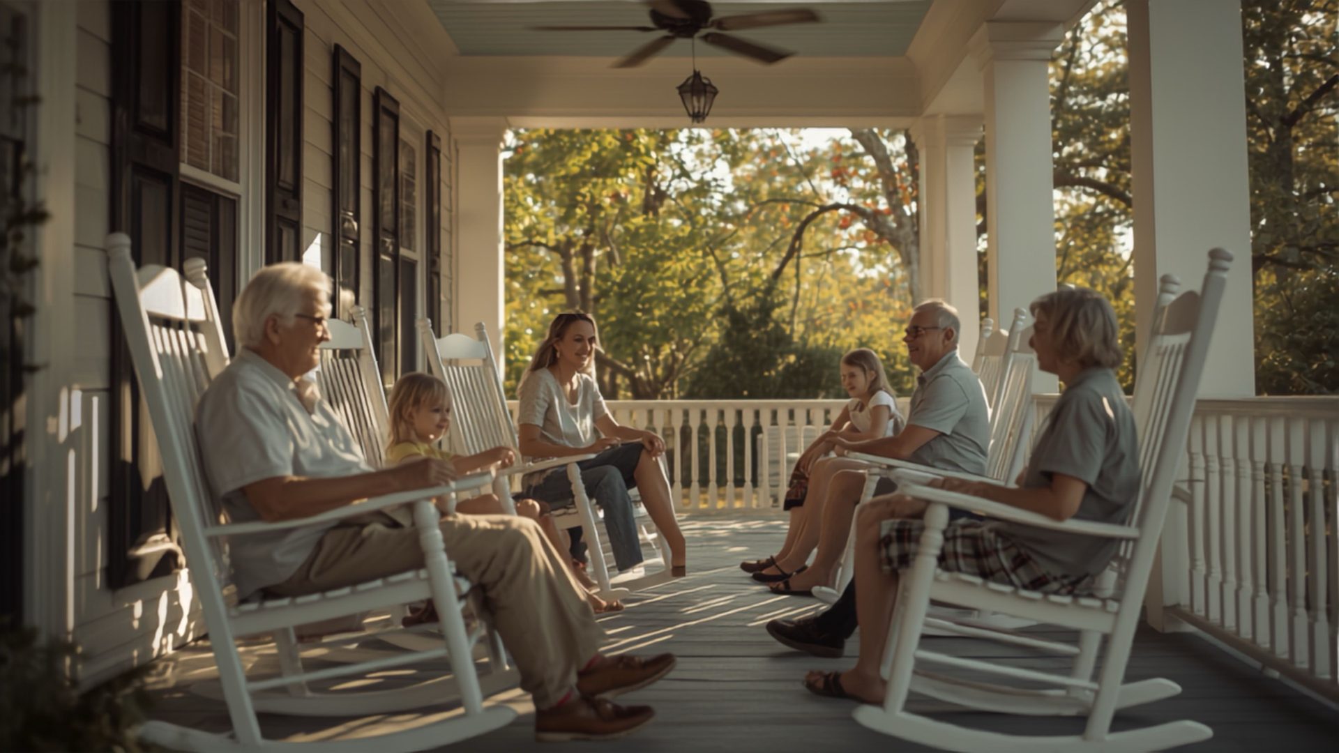 Family relaxing on a front porch